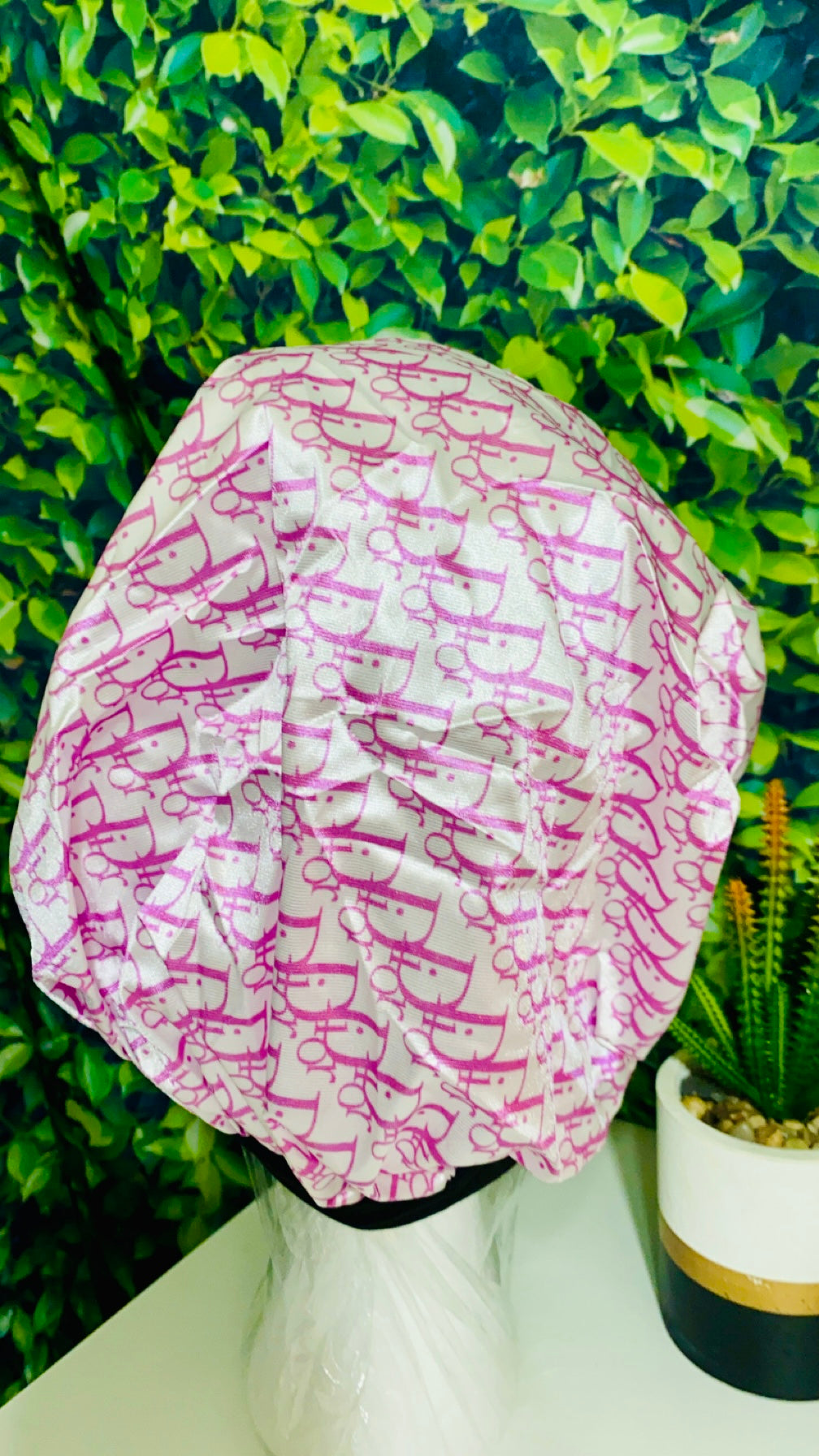 Purple and white designer inspired hair bonnet