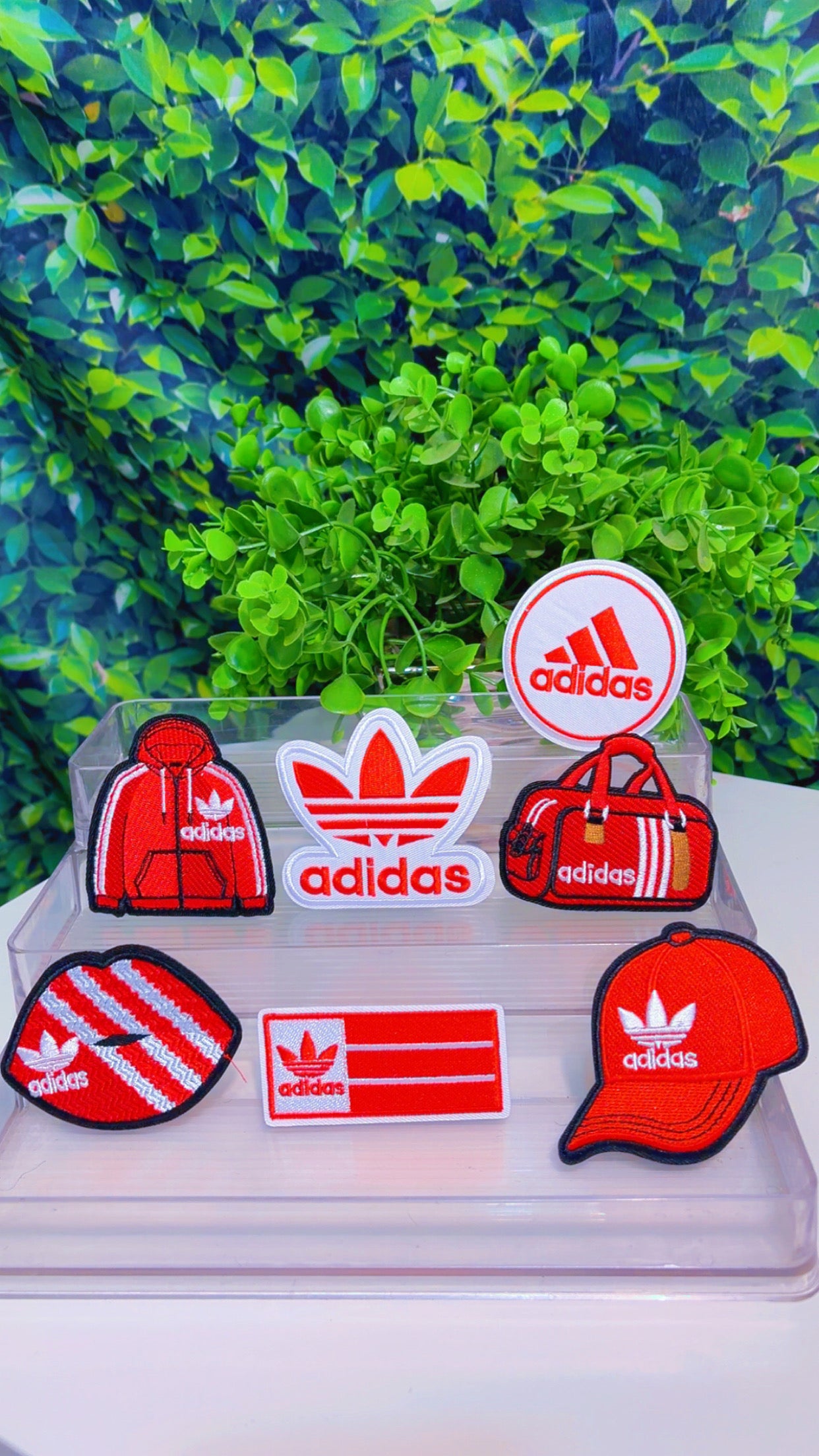 Red and white lux iron on patch set