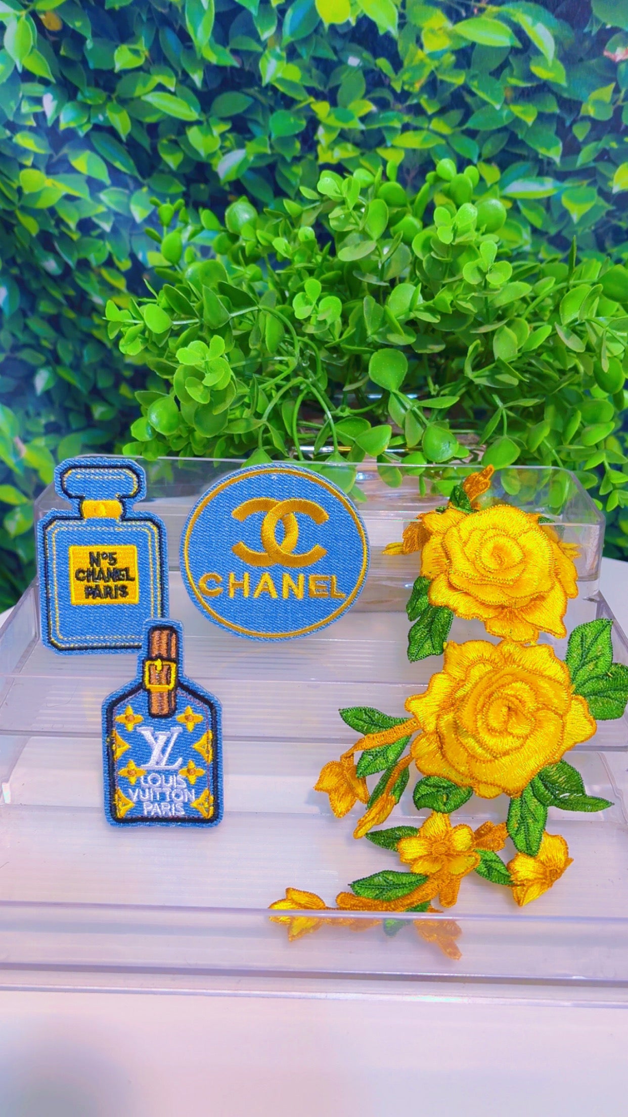 Denim and yellow iron on patch set with 3d flower
