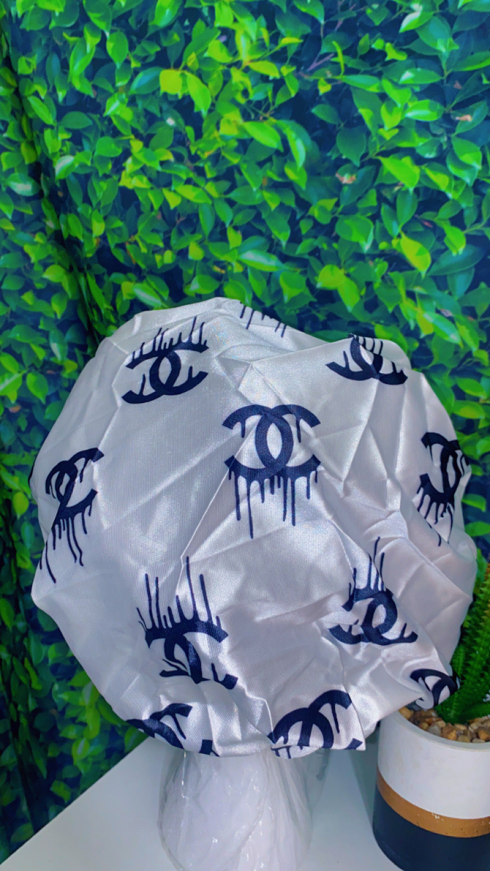 White/black designer inspired hair bonnet