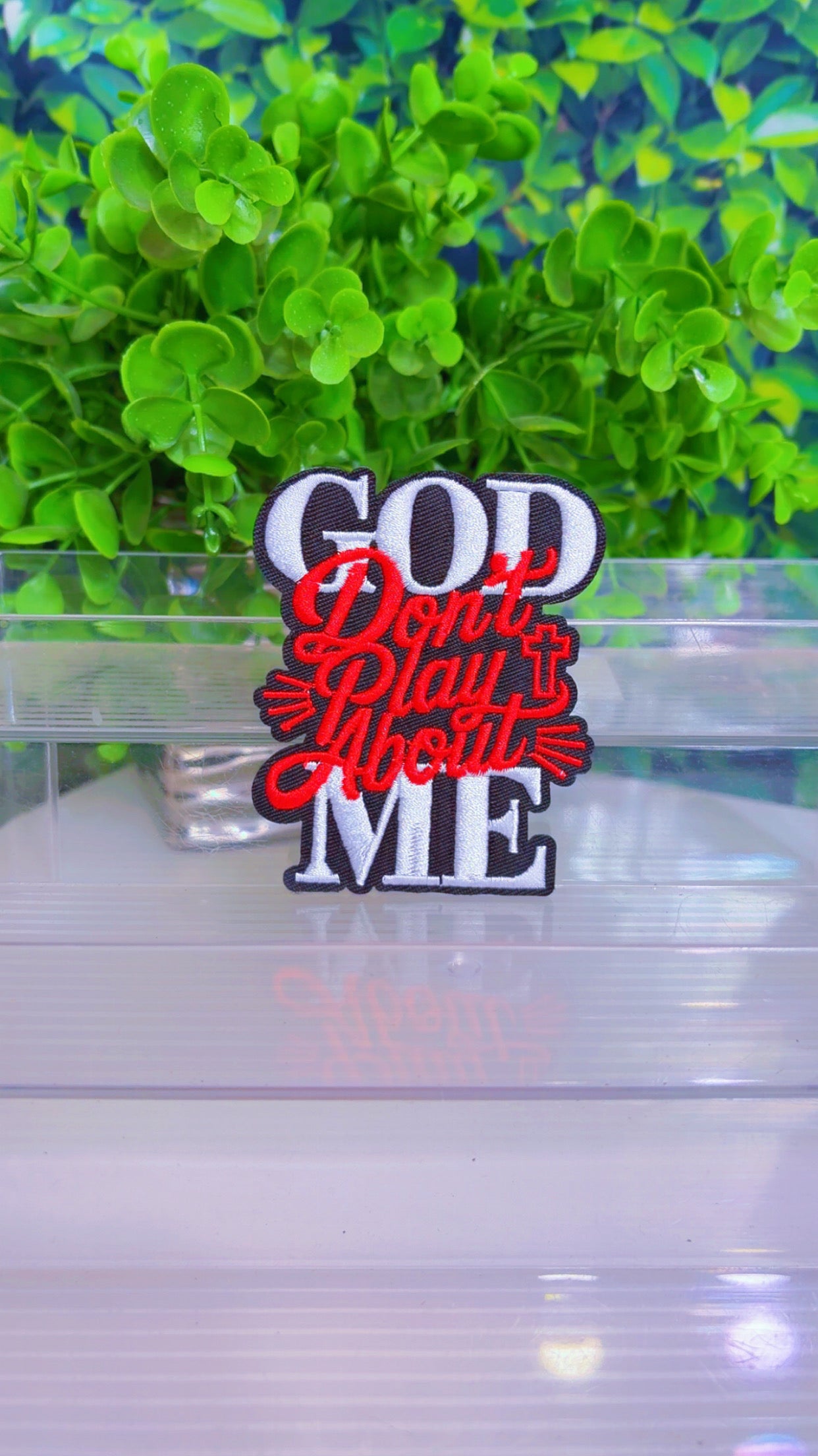 Red God don’t play about me iron on patch