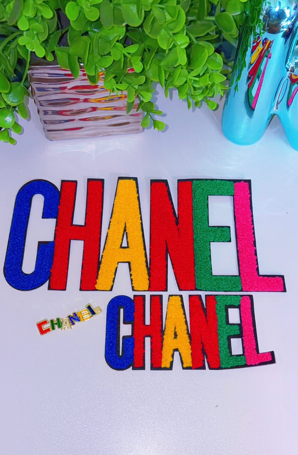 Chenille Colorful C set big patch, medium size patch and colorful brooch