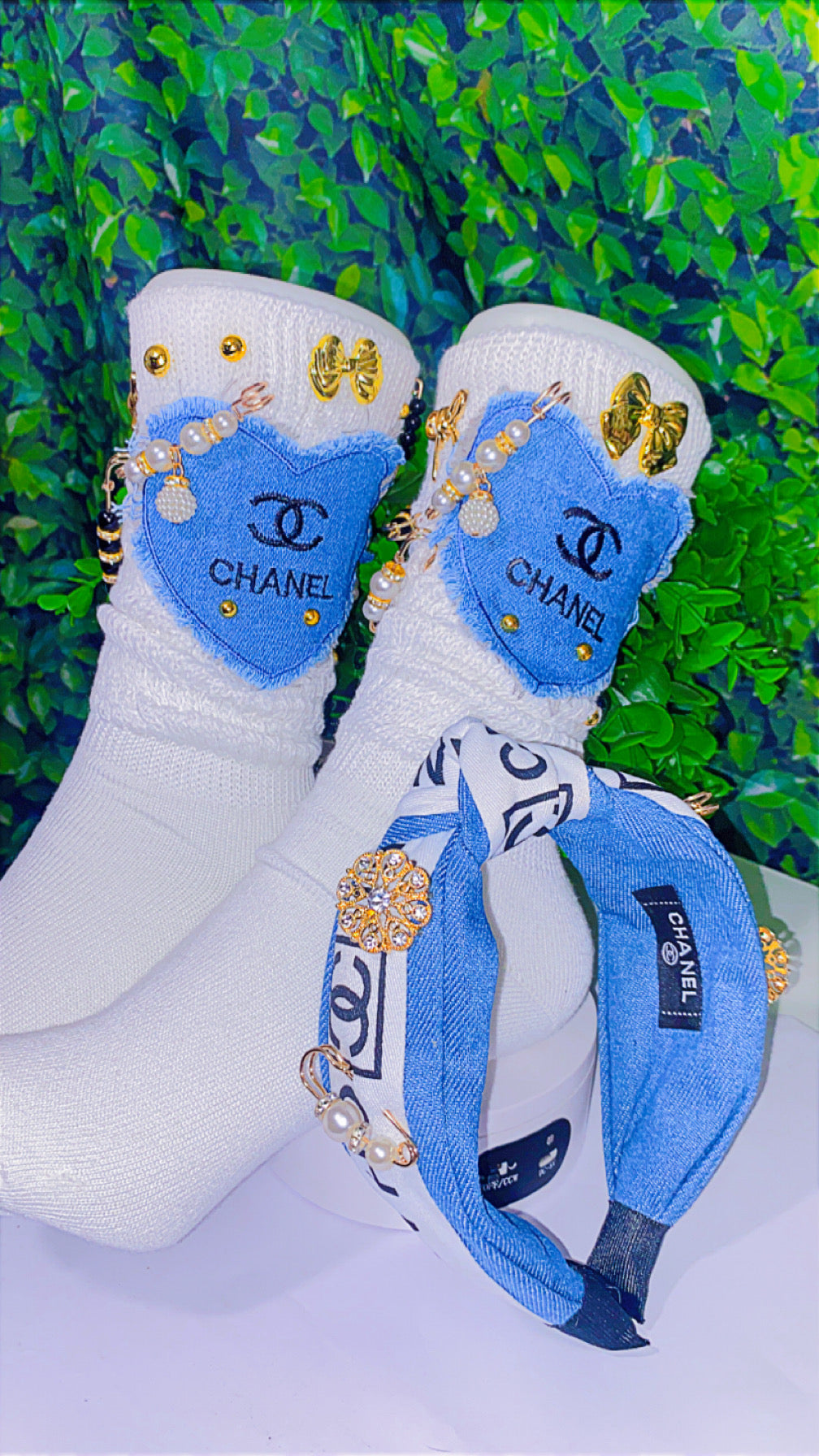 Denim/white headband & socks set
