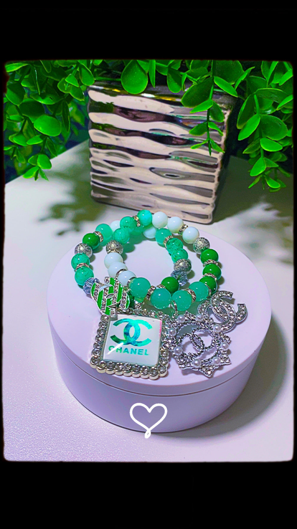 Green and silver charm bracelet set