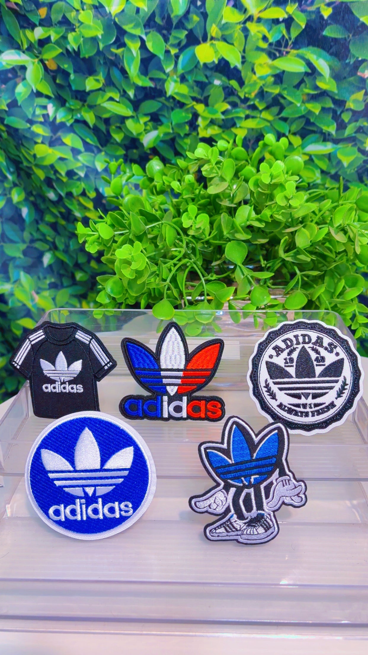 Blue black and white iron on patch set