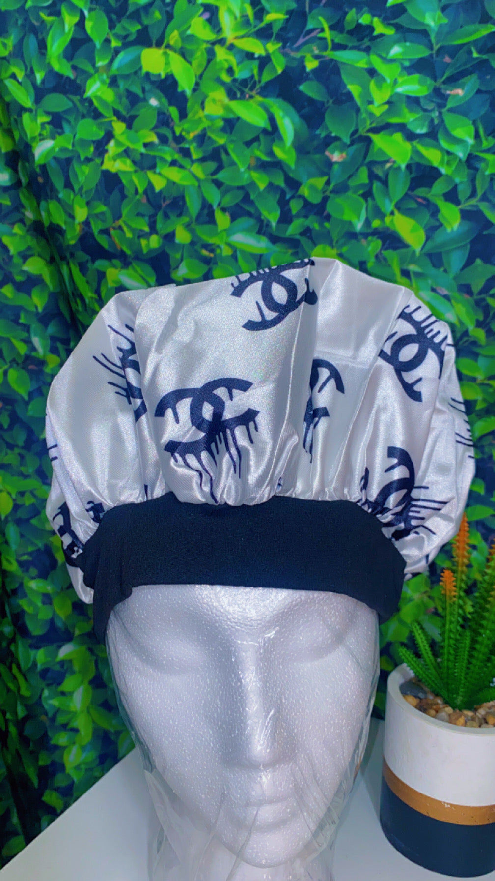 White/black designer inspired hair bonnet