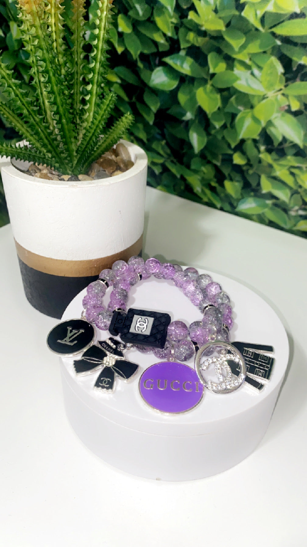 Classy purple and black charm bracelet set of 2