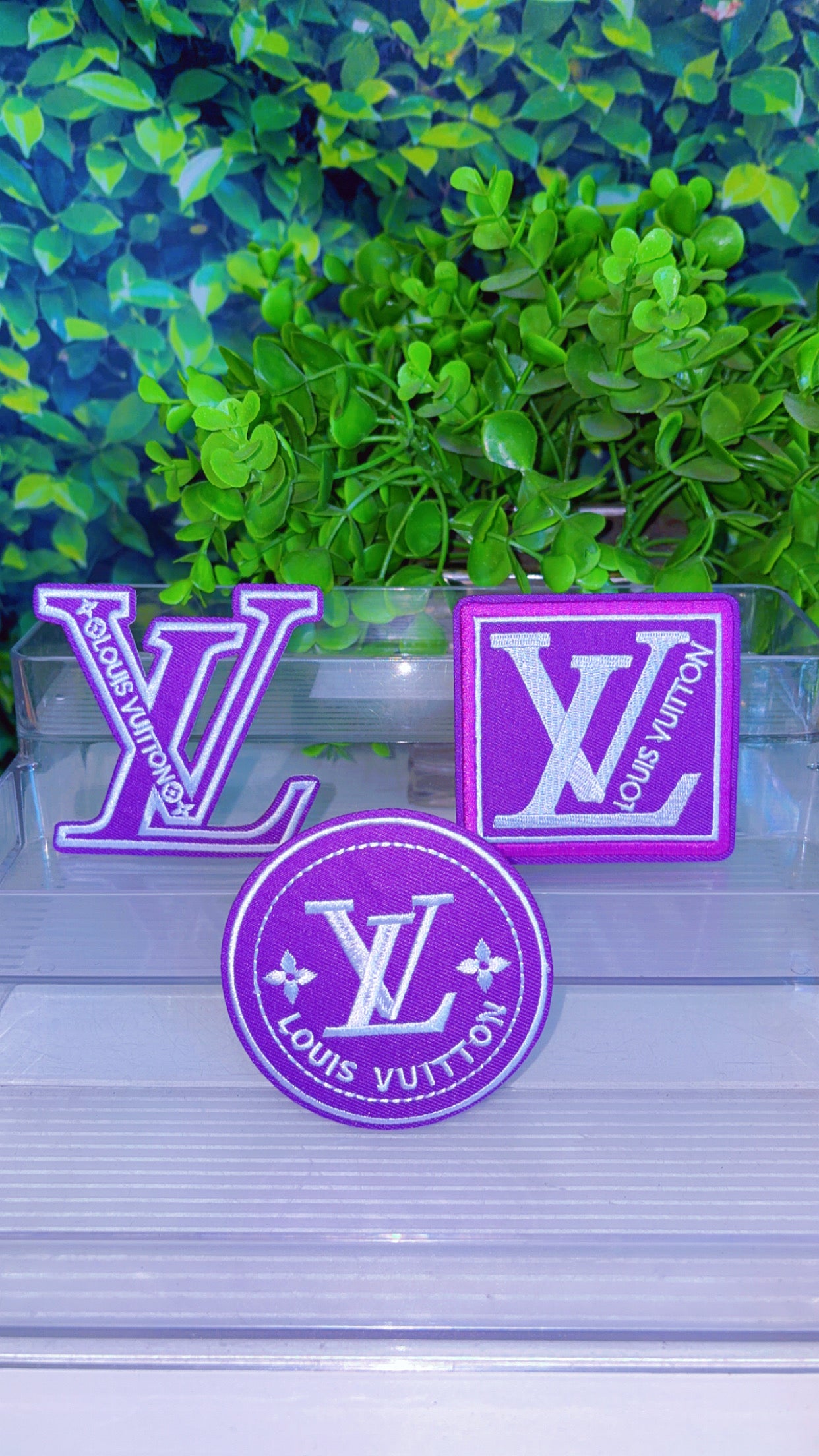 Purple and white iron on patch set