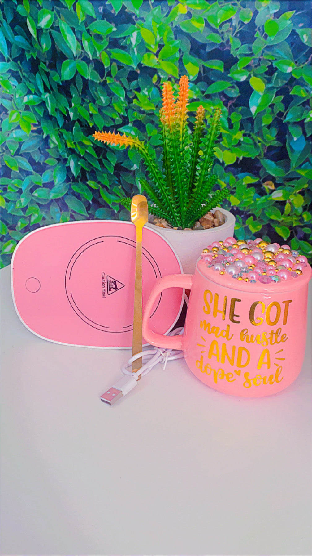 “She got a mad hustle and a dope soul” (coffee mug with lid, spoon, and warmer)