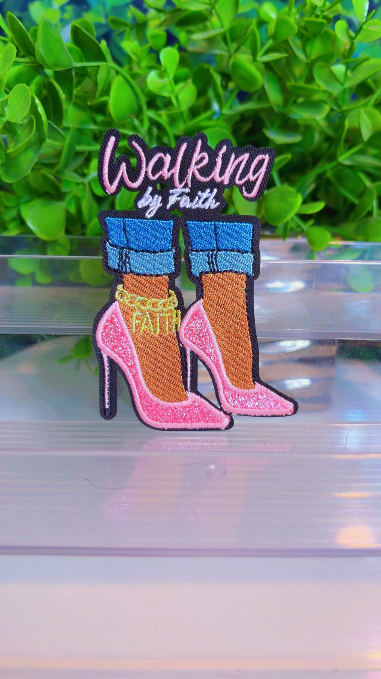 Walk by faith pink heels iron on patch
