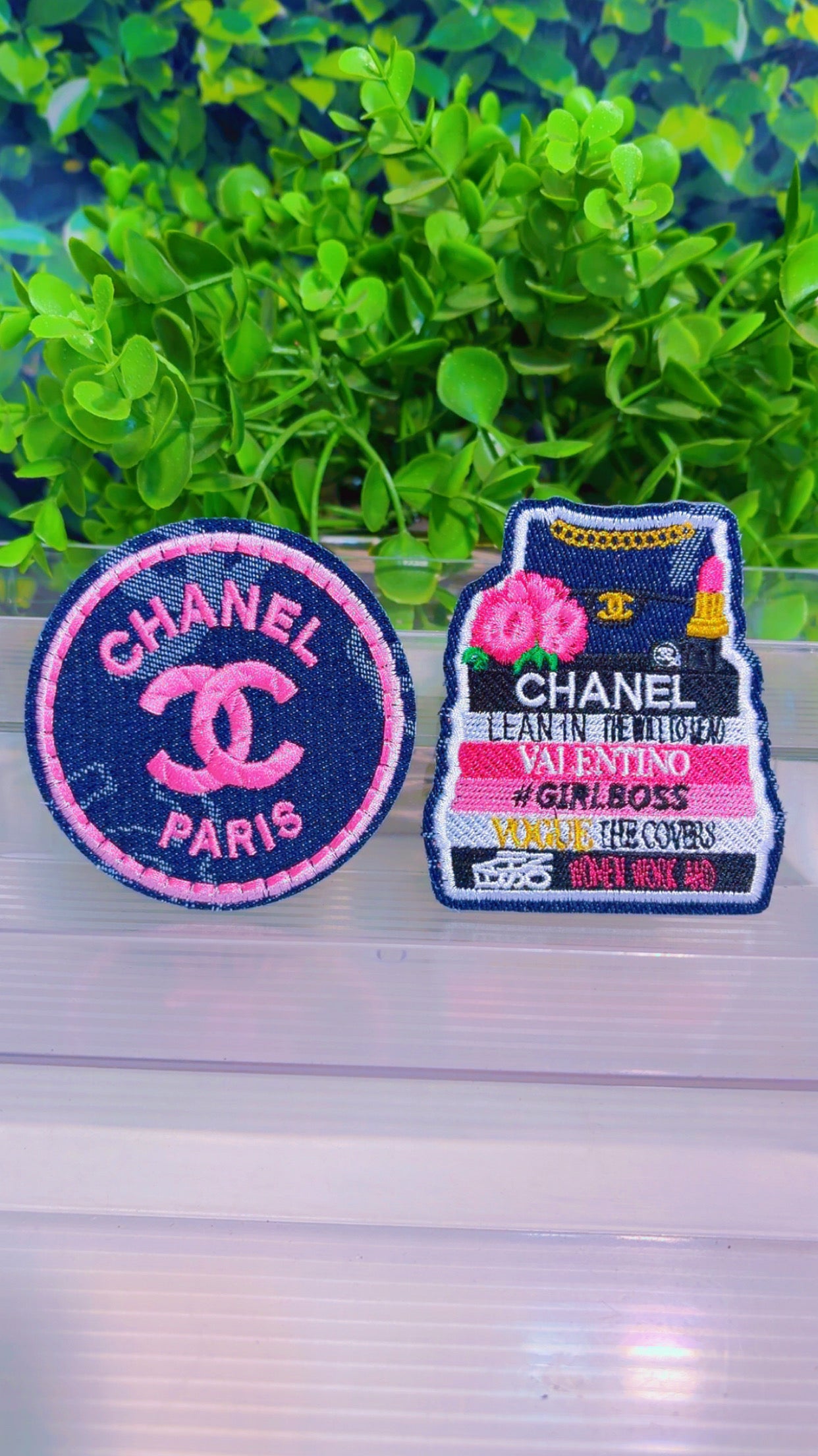 Denim and pink iron on patch set
