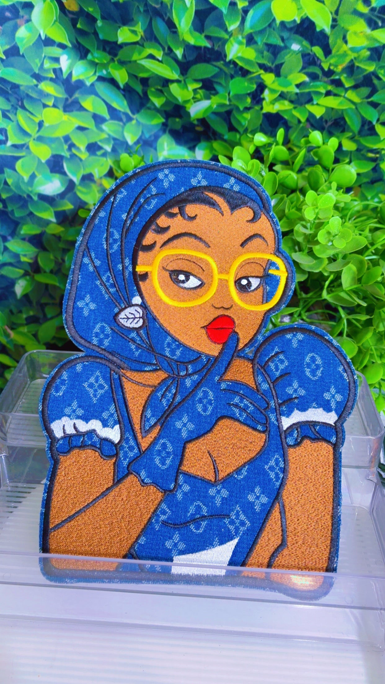 Denim Baddie with yellow glasses big iron on patch