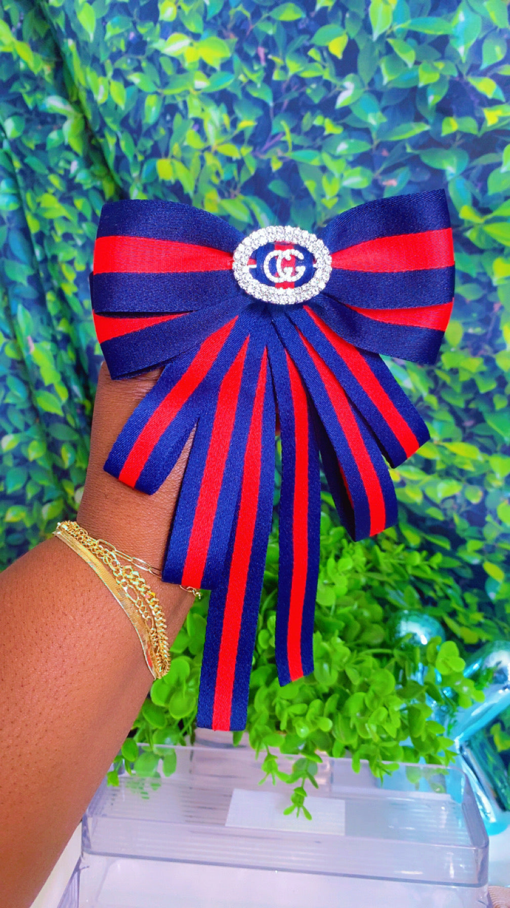 Blue & red Designer inspired bow brooch