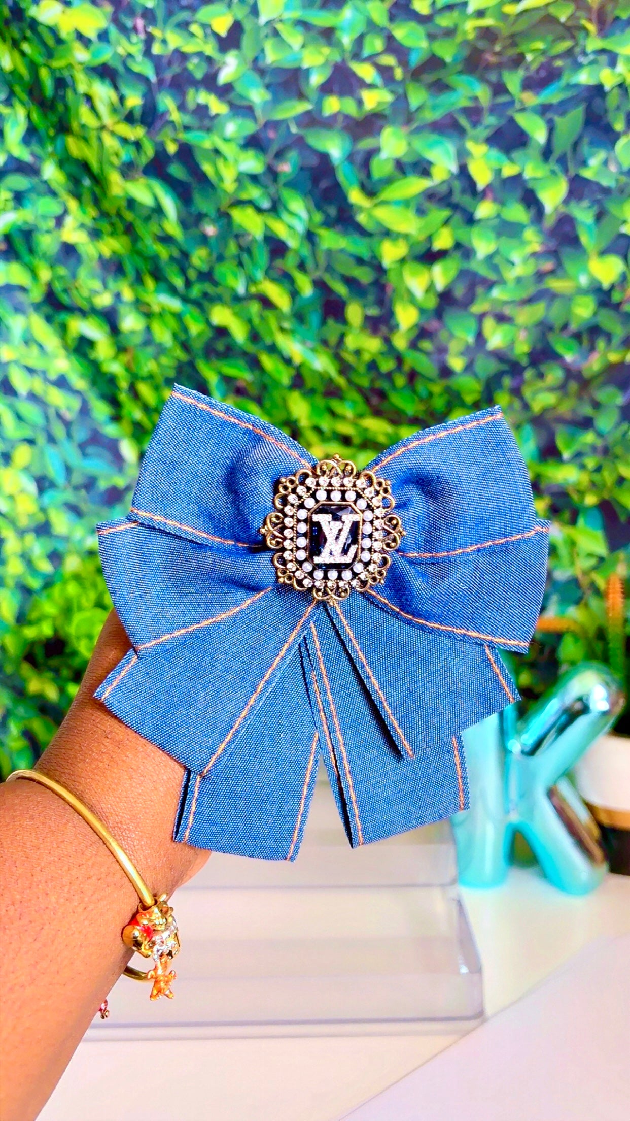 Denim bow brooch