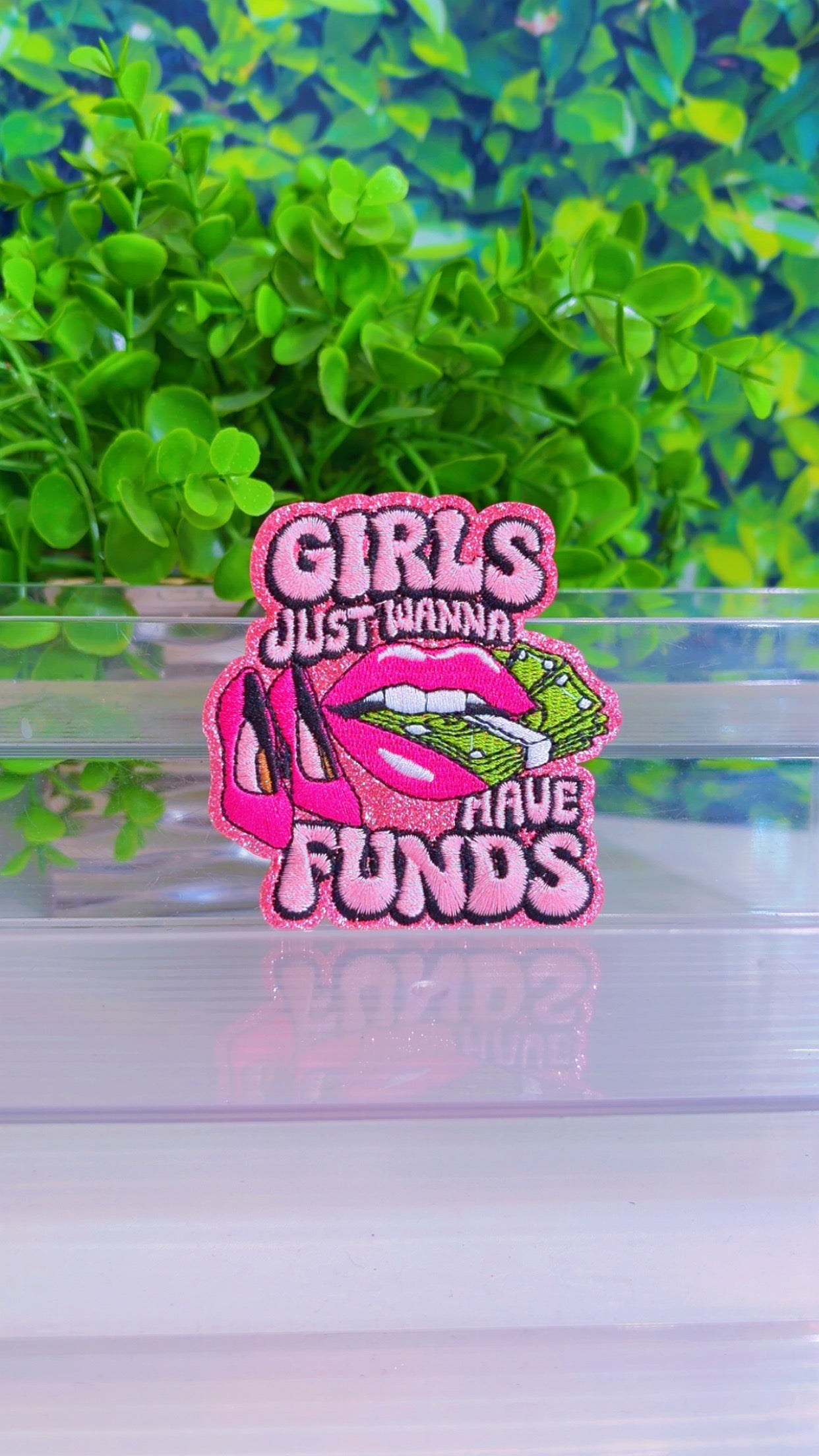 Girls just want to have funds pink glitter iron on patch