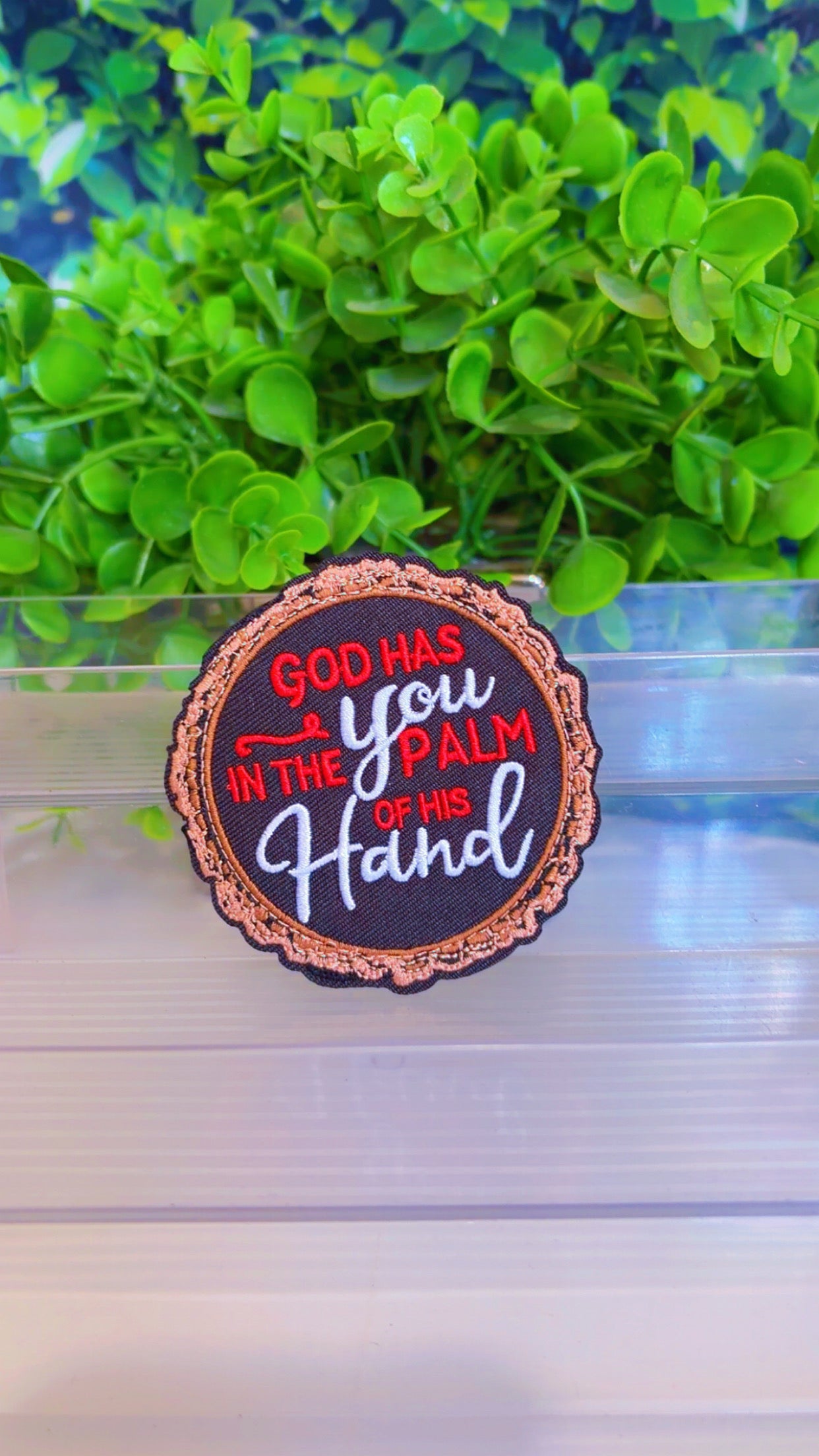 God has you in the palm of his hands iron on patch