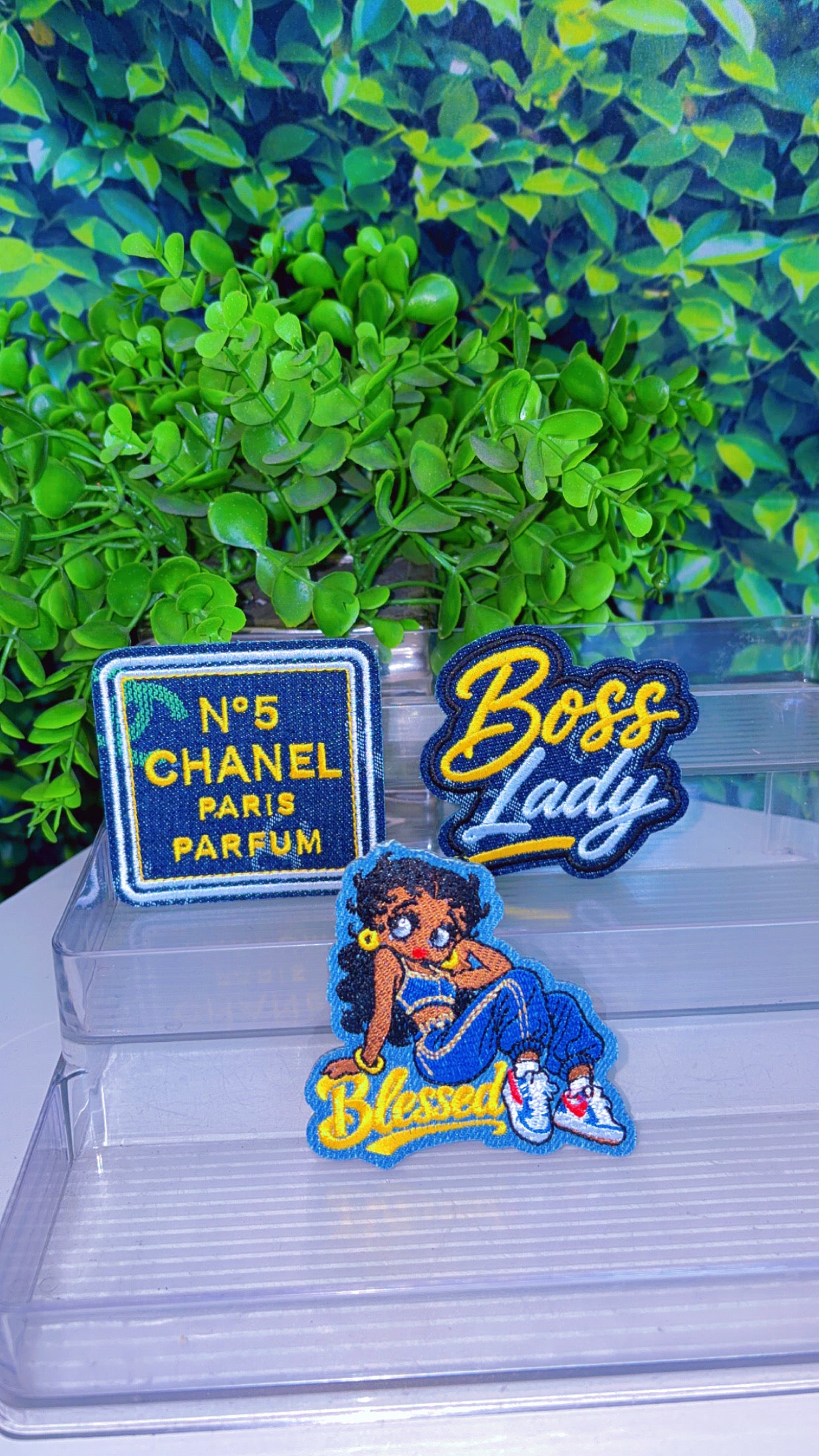 Denim and yellow iron on patch set