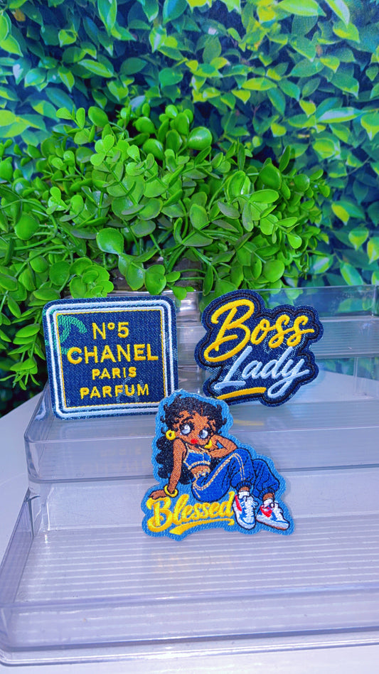 Denim and yellow iron on patch set