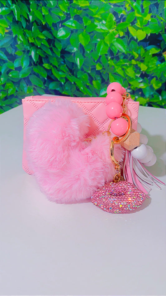 Pink change purse wristlet with Blinged lips and fuzzy heart