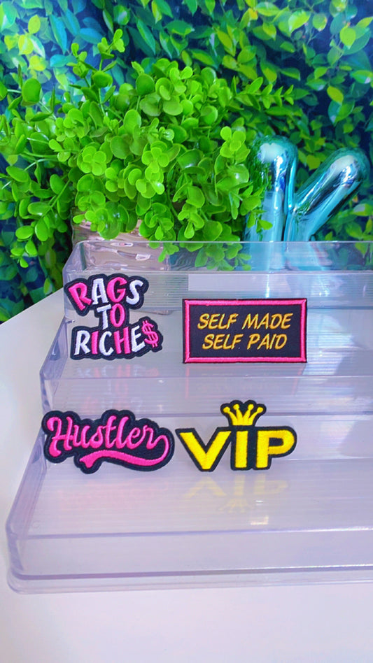 Rags to riches, hustler and vip iron on patch set of 4