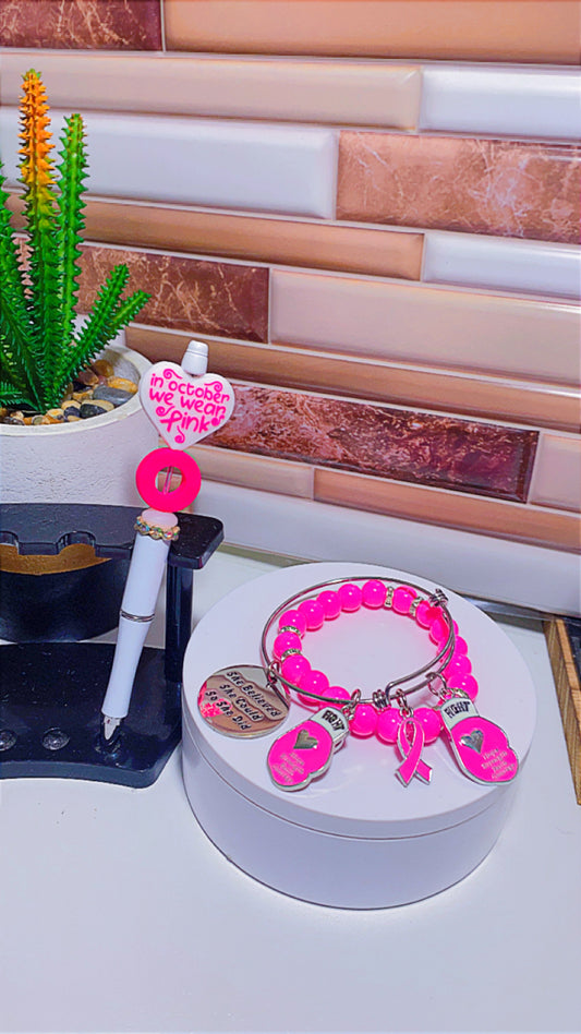 Pinktober Charm bracelet/bangle with pink pen set