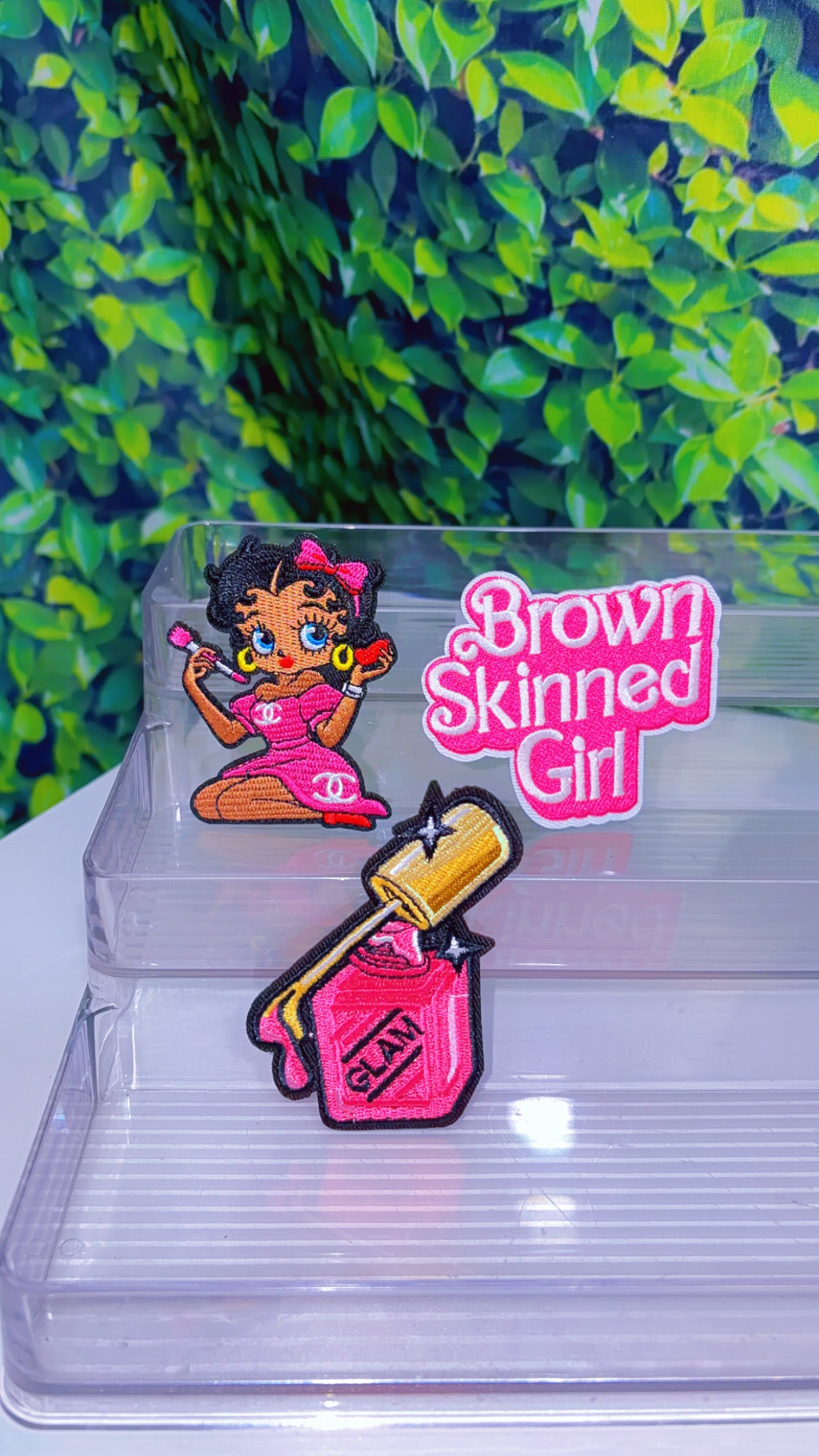 Pink brown skin girl glam iron on patch set