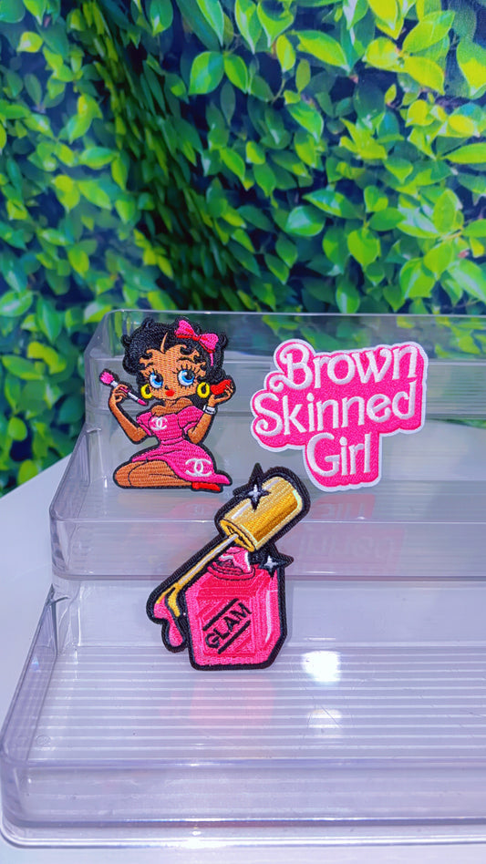 Pink brown skin girl glam iron on patch set