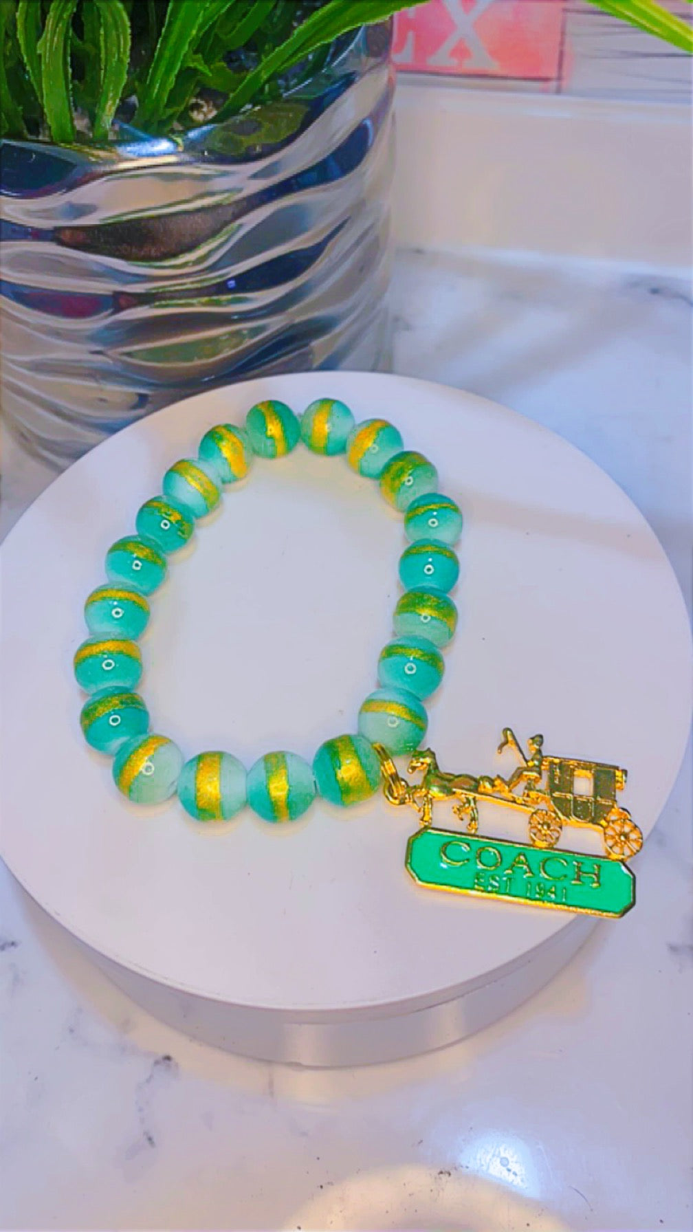 Gold Tiger (Green Beaded Charm Bracelet with Gold Stripes)