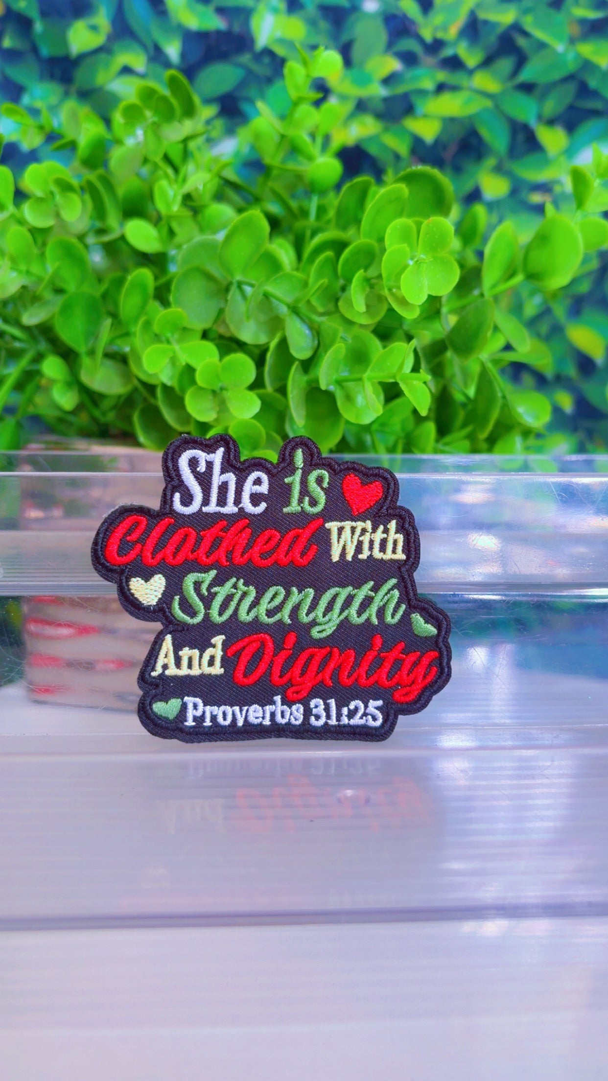 She is clothed with strength and dignity iron on patch