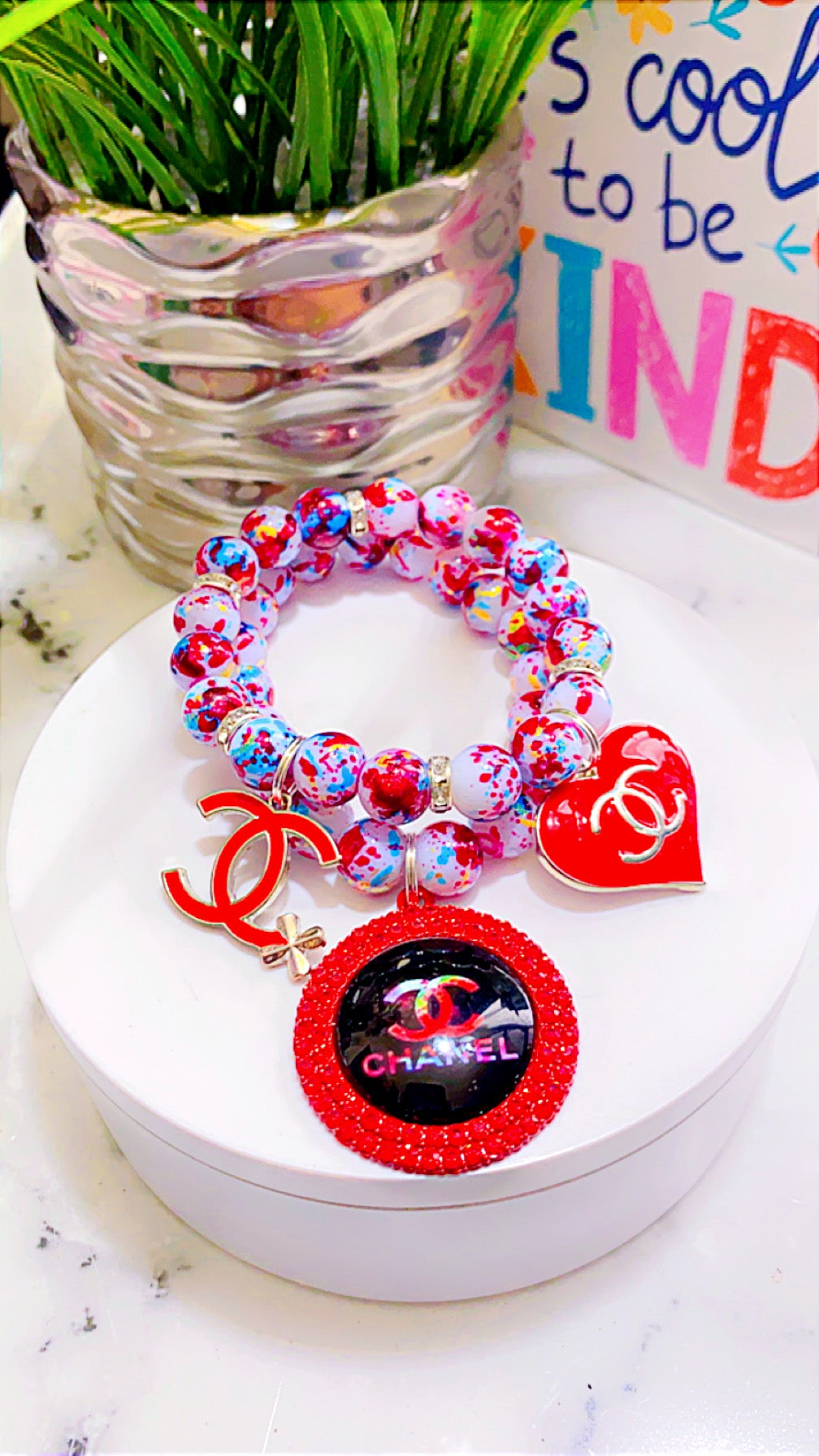 Red blue white splatter charm bracelet set of 2