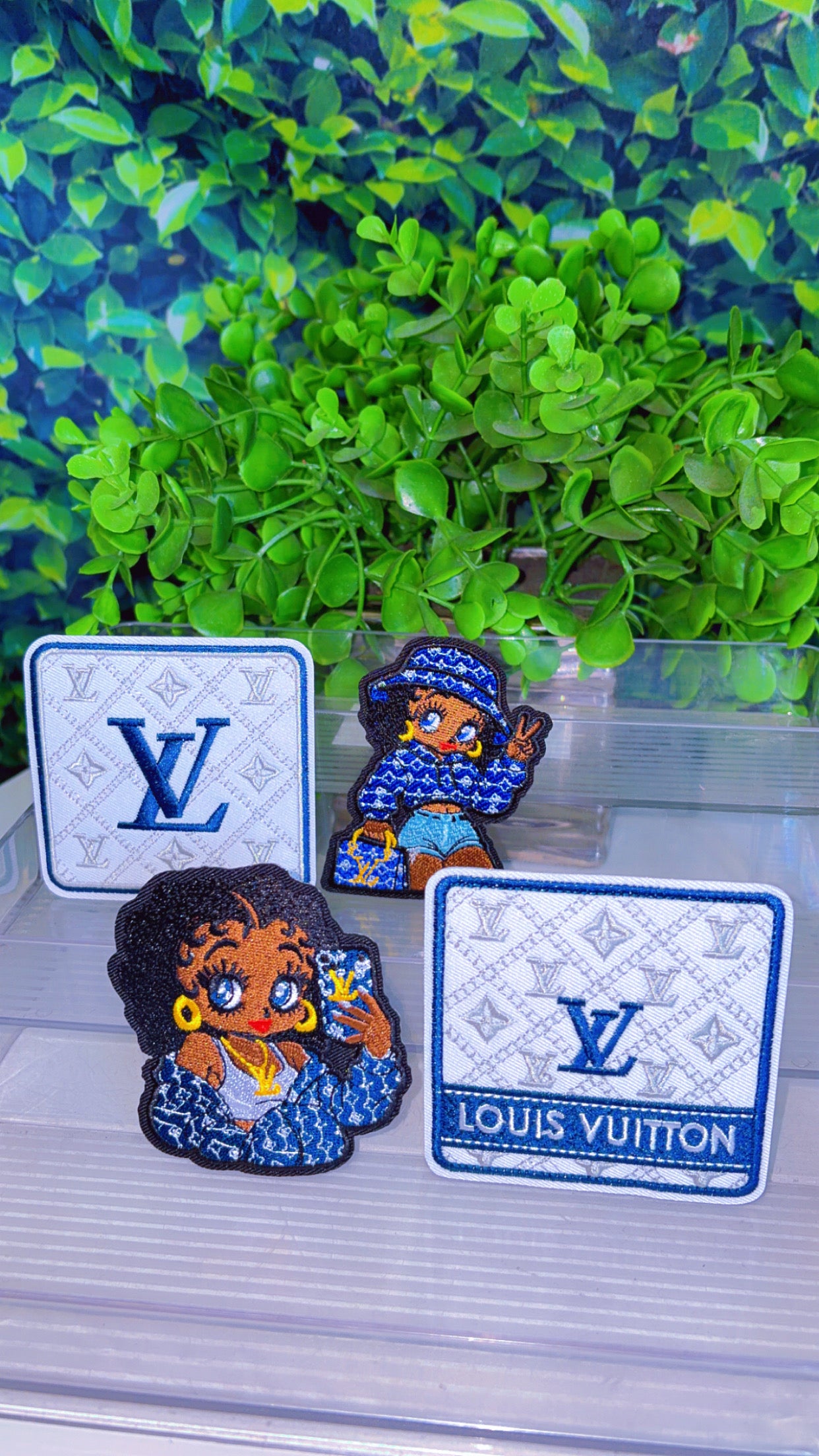 Blue white and gray iron on patch set