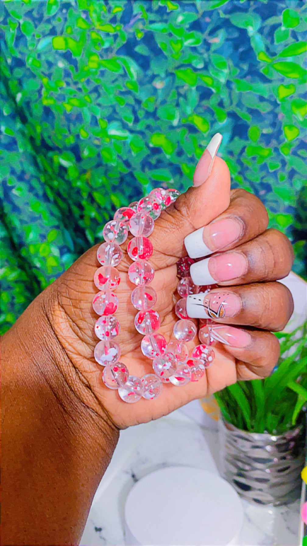 Red white & clear beaded bracelet