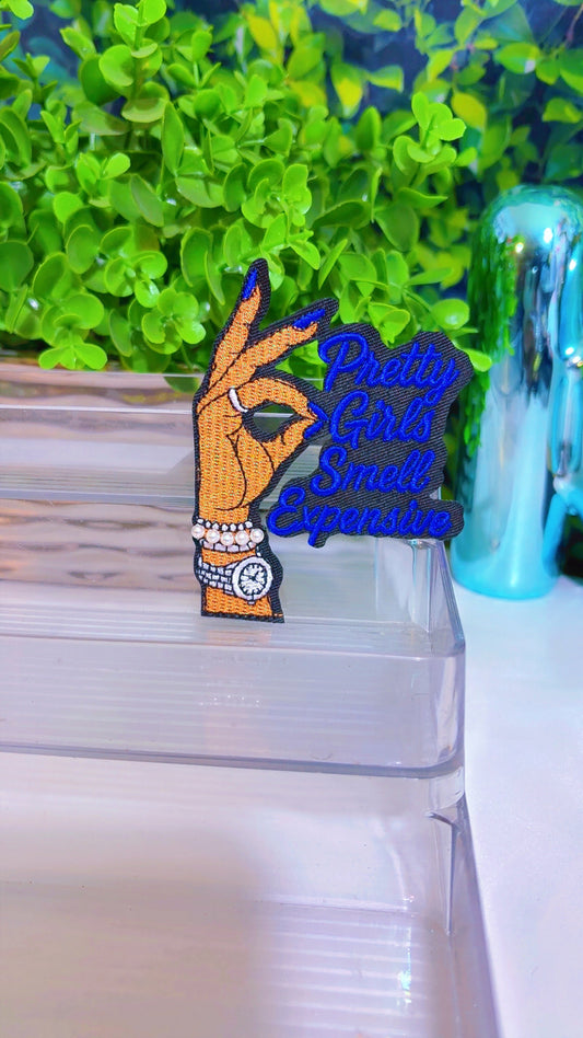 Pretty girls smell expensive iron on patch with pearls