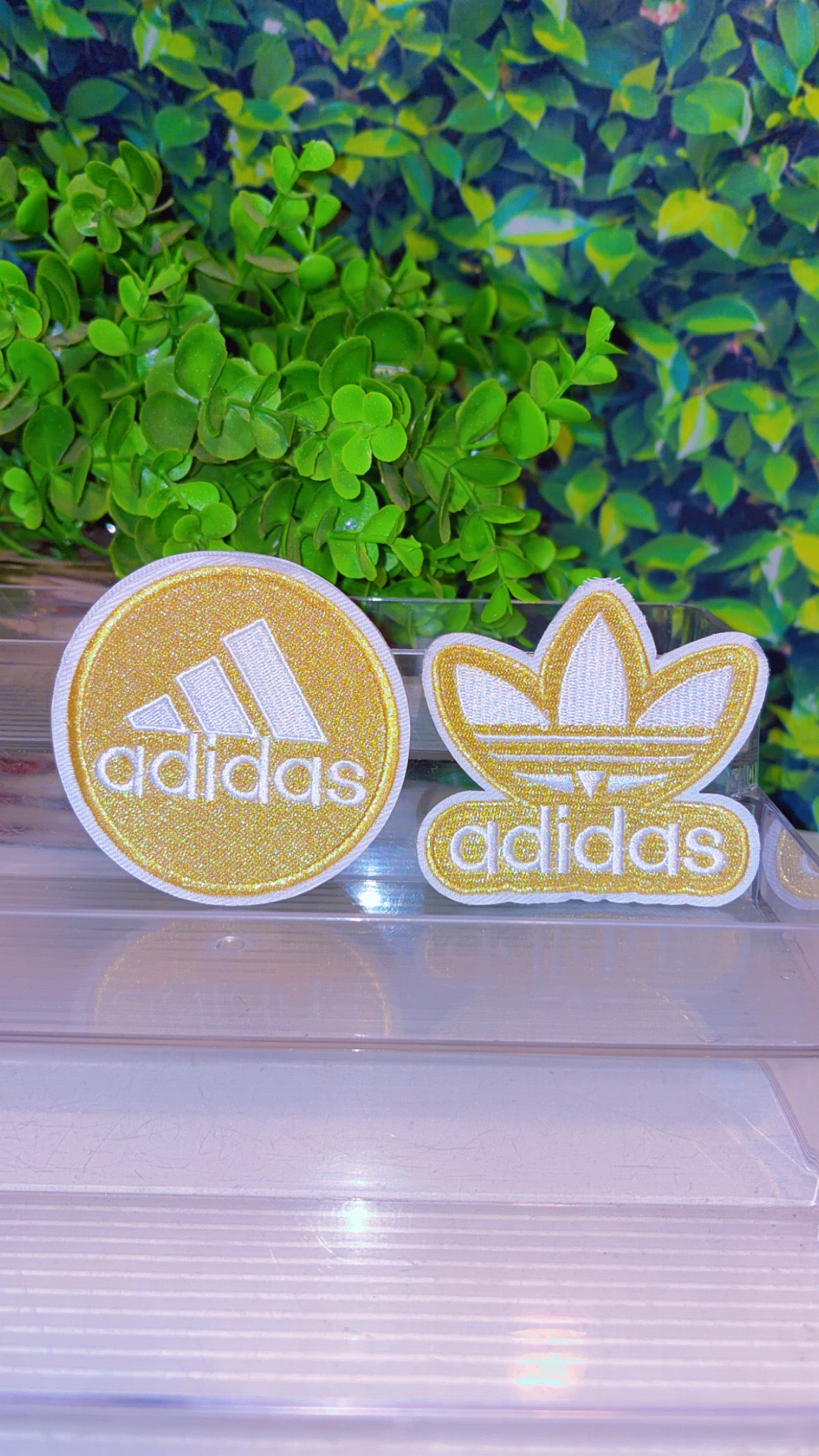 Gold and white iron on patch set