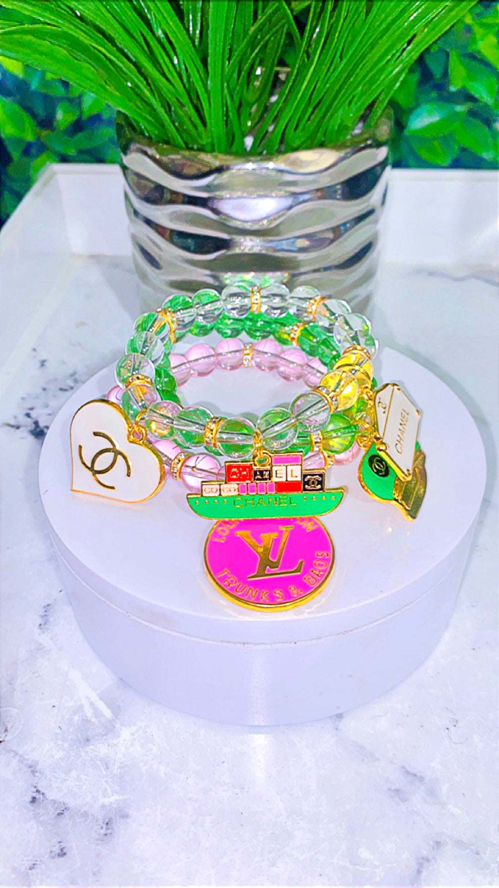 Pink, Green and clear charm bracelet set of 3