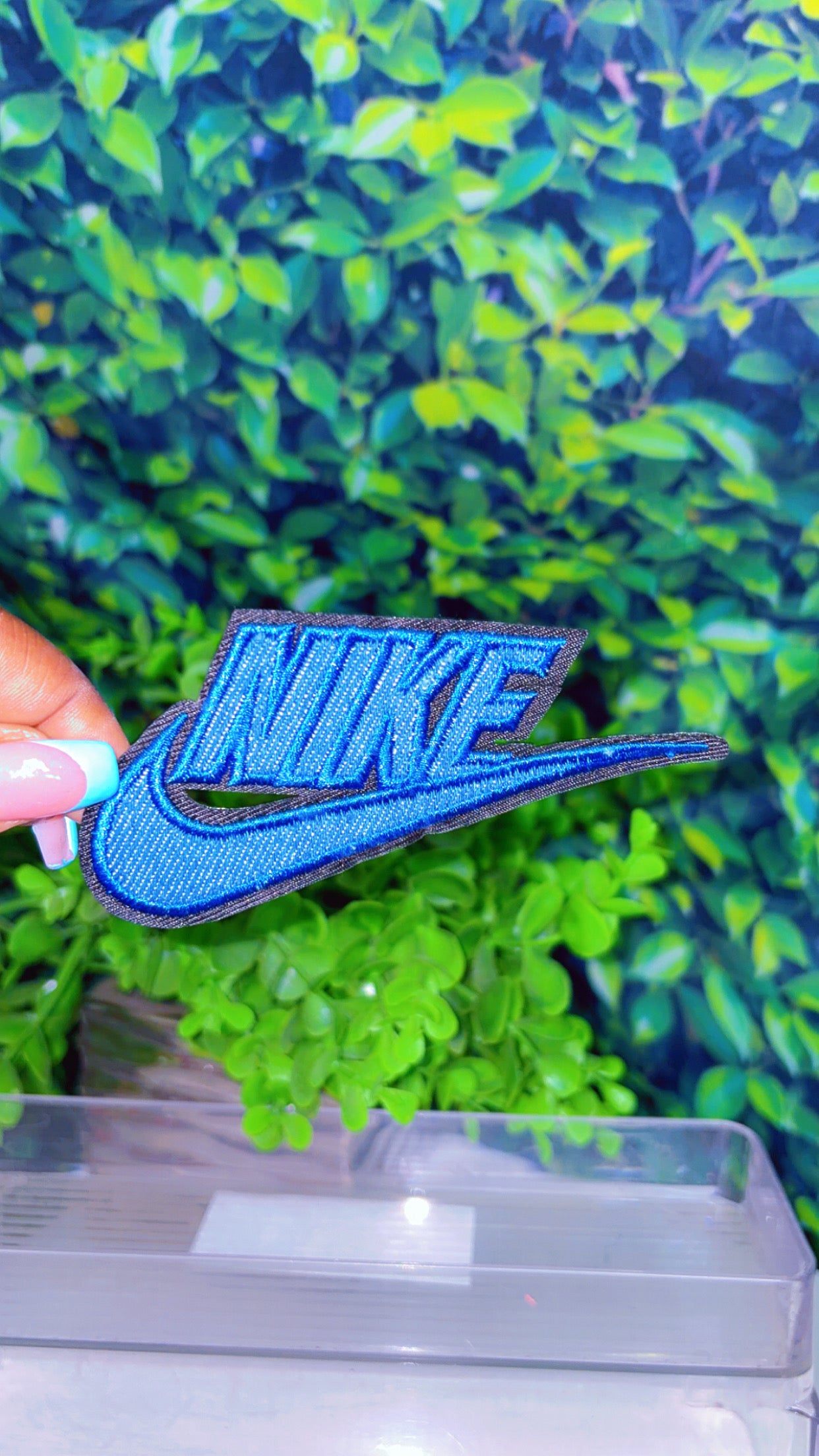 Denim sneaker head iron on patch