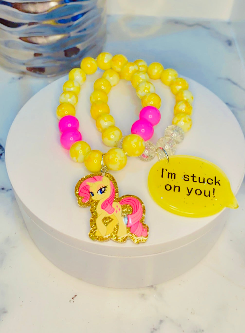 I’m stuck on you ( Yellow/pink beaded charm bracelet set)
