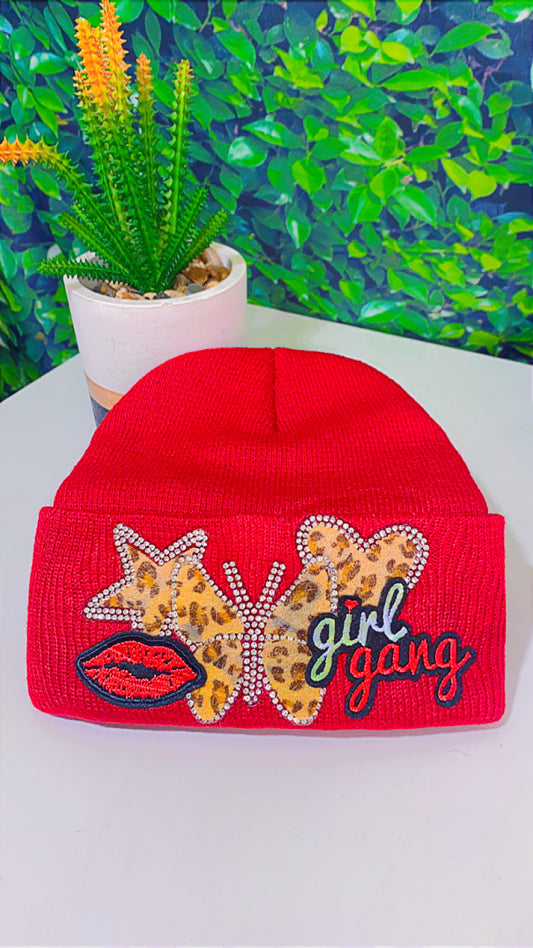 Girl gang red animal print beanie hat