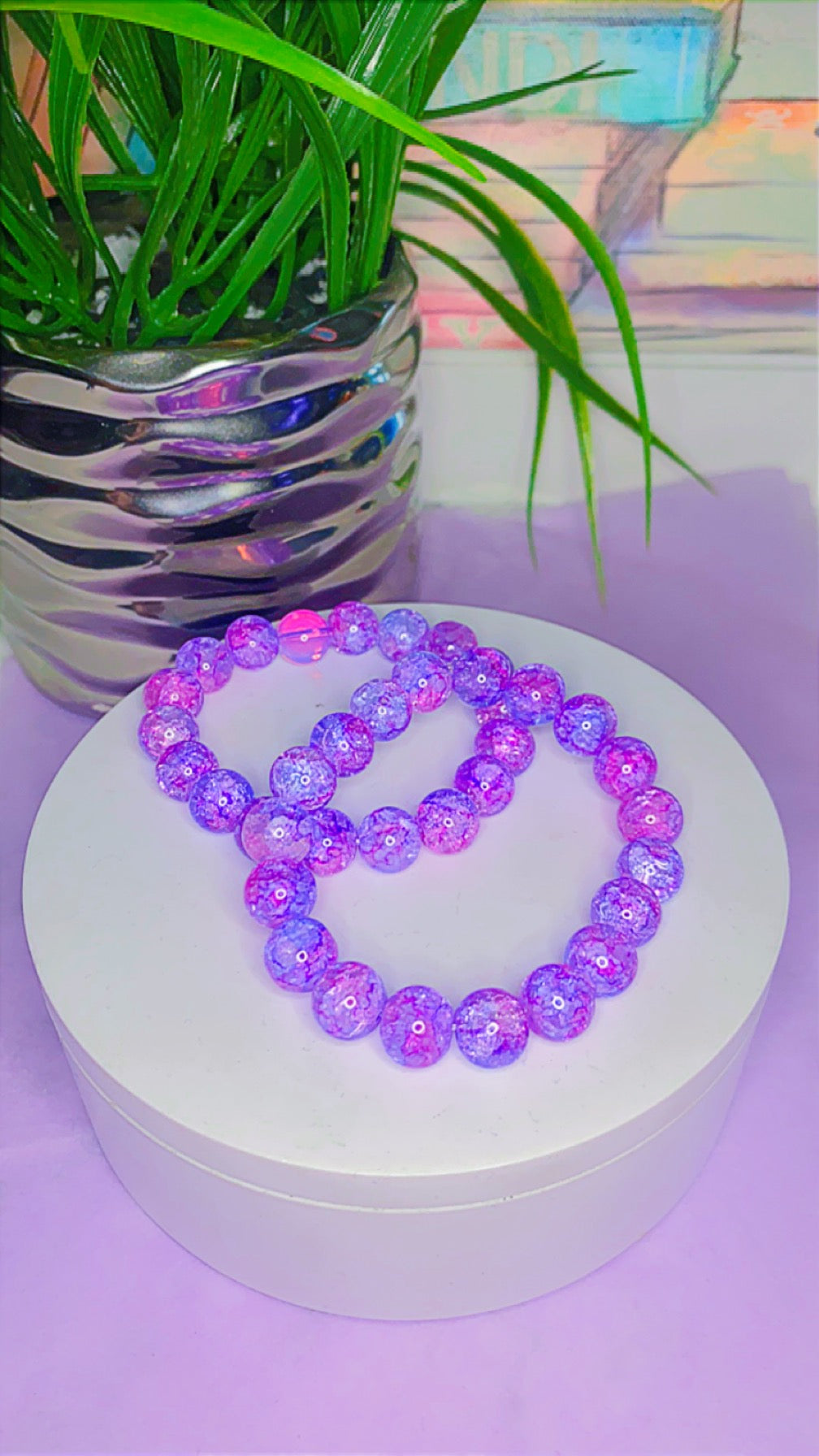 Purple, Pink Crackle Beaded Bracelet (1)