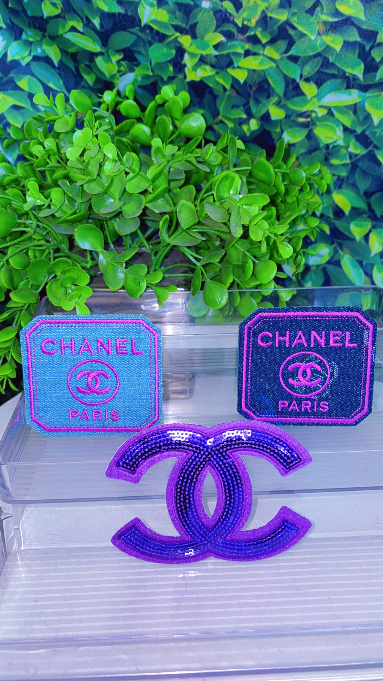Denim and purple iron on patch set