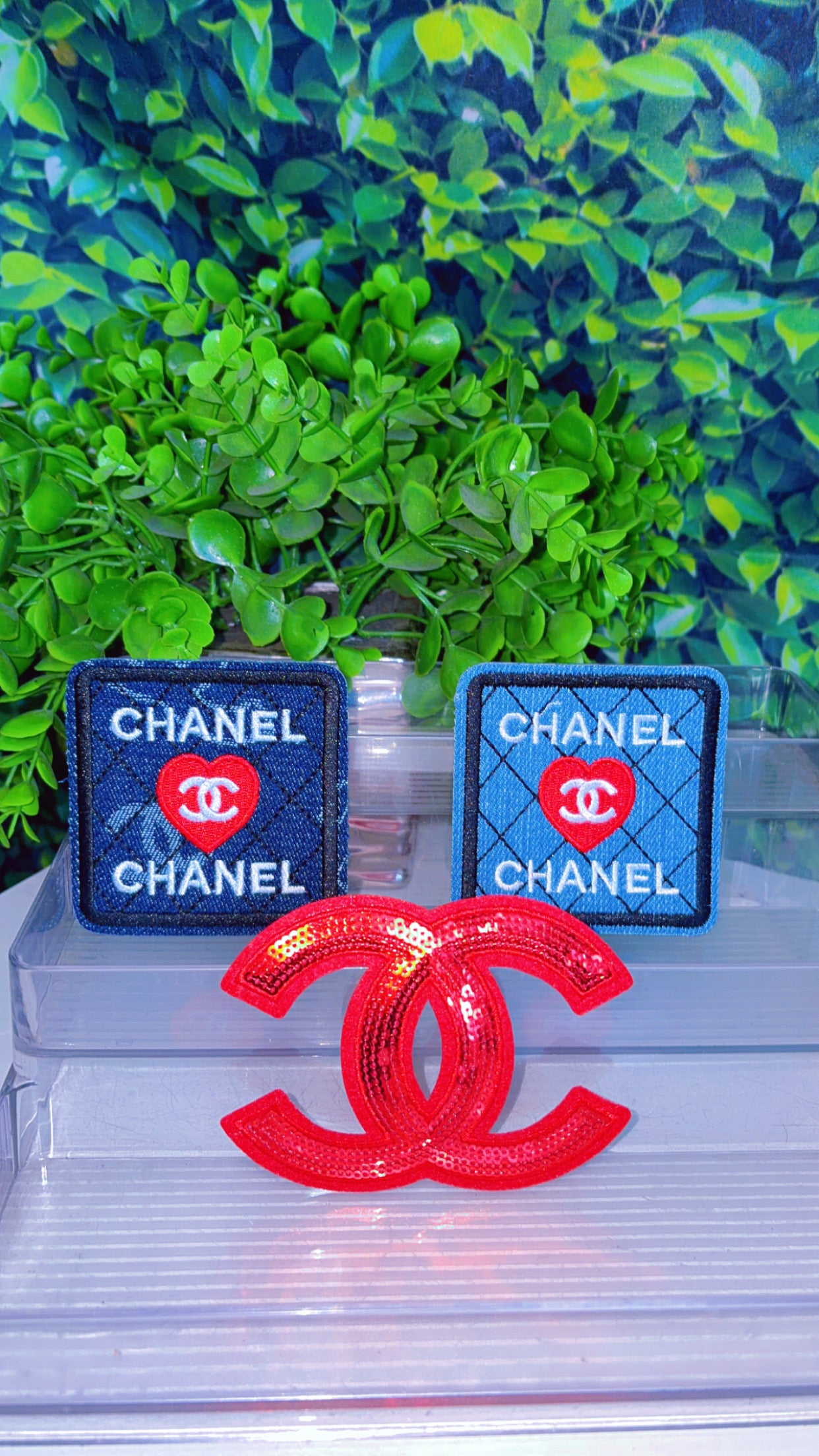 Denim and red iron on patch set