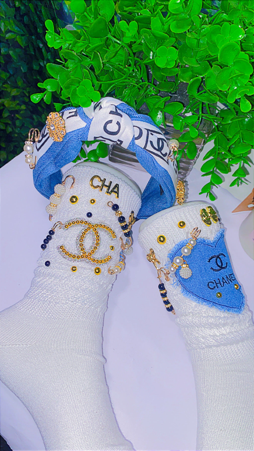 Denim/white headband & socks set