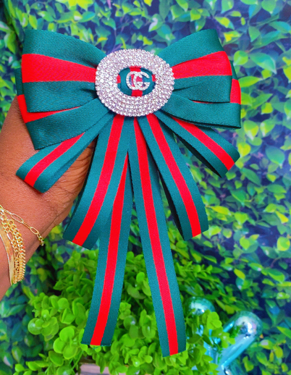 Green and red designer inspired bow brooch