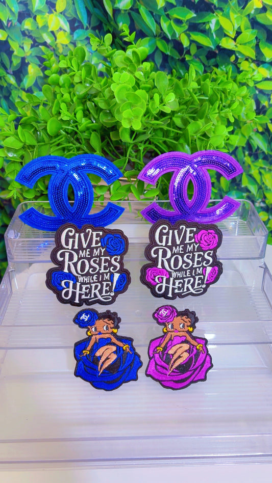 Purple and blue give me my roses while I’m still here iron in patch set of 6