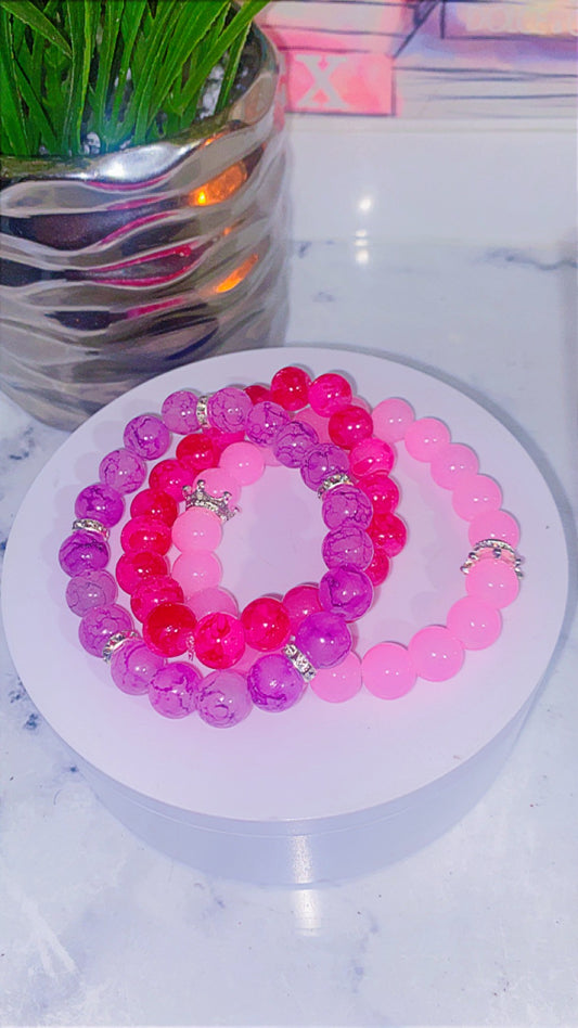 Pink/ Purple bling beaded bracelet trio set of 3