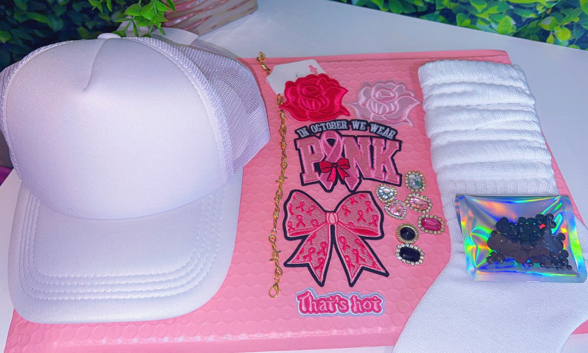 Breast cancer hat and slouch sock set (includes everything in the picture)