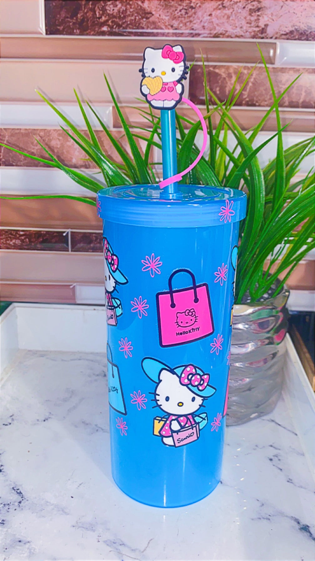 Fashion kitty tumbler with straw & straw topper