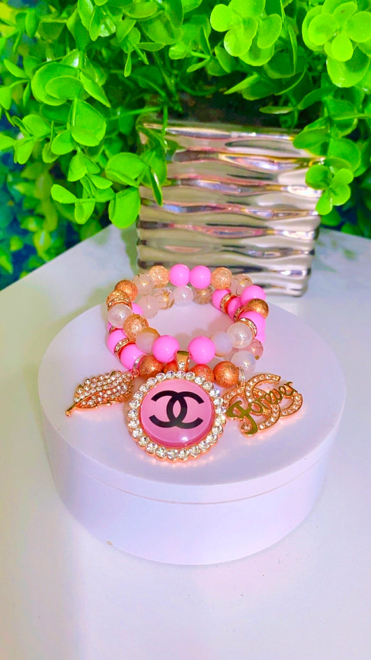 Light pink & rose gold charm bracelet set of 2