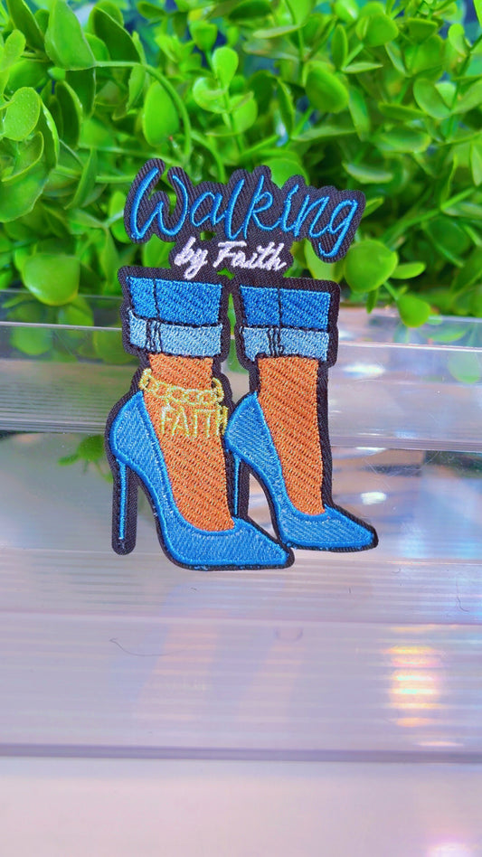 Walk by faith denim heel iron on patch