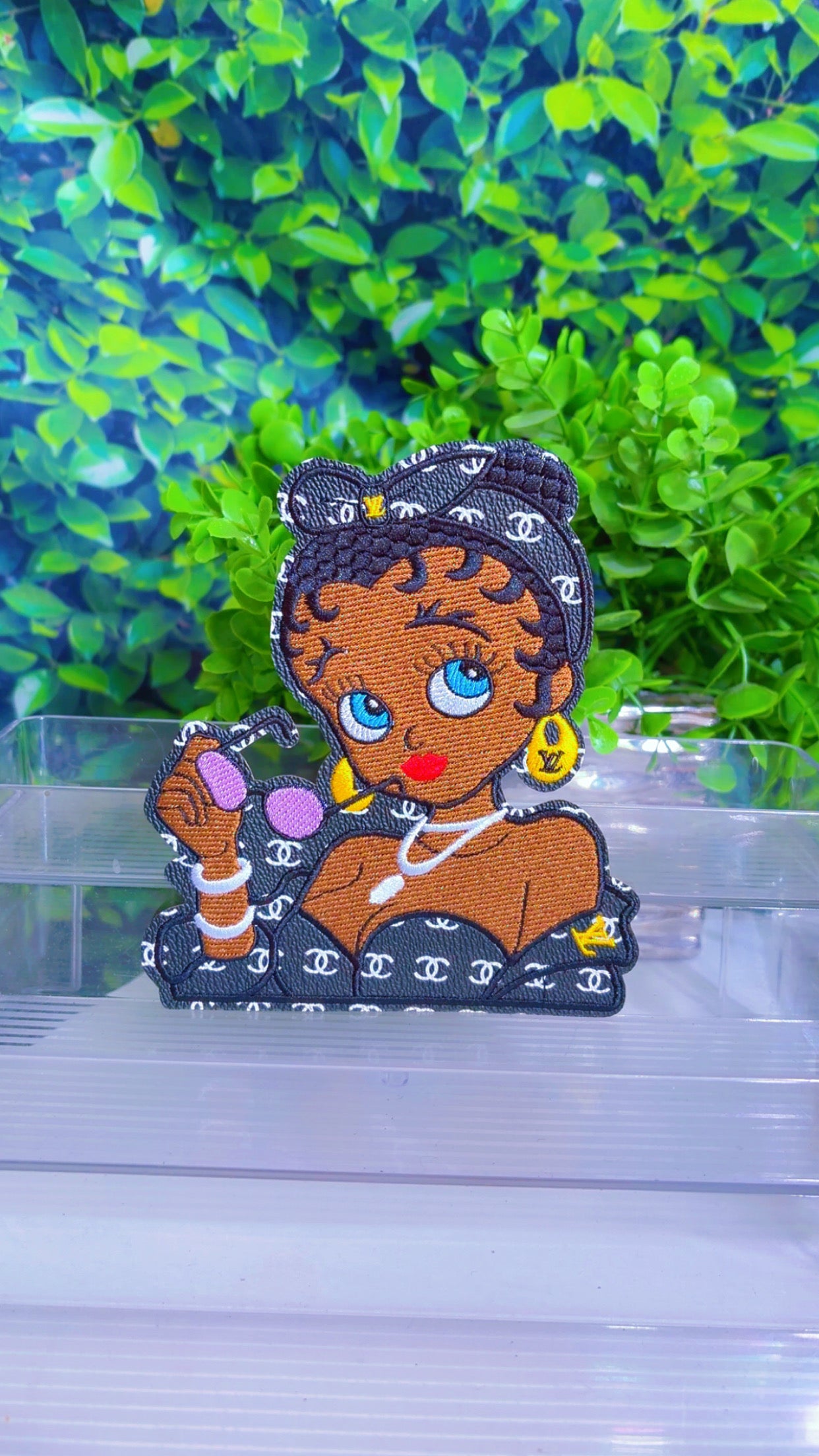 Diva with purple glasses iron on medium size patch 5 1/2x 6 in